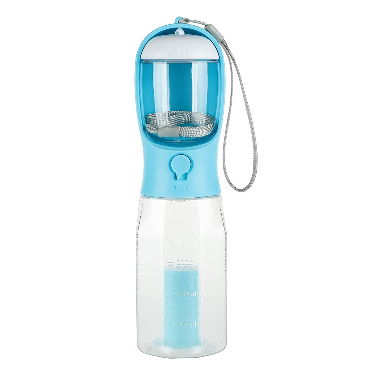 Bouteille d'eau pour Chien, 600 ML Gourde Voyage pour Chien, Distributeur d'eau Extérieure Multifonctionnel pour Chien et Chat avec 100 g Récipient de Nourriture et Sac à Caca, Bleu