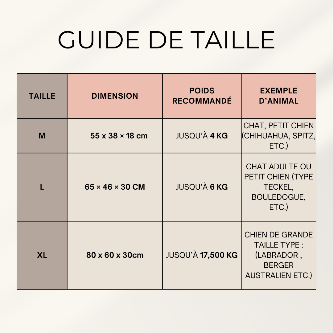 Guide des tailles CocoonPet™ : dimensions du canapé pour chats et petits chiens, avec poids recommandés pour un confort optimal.